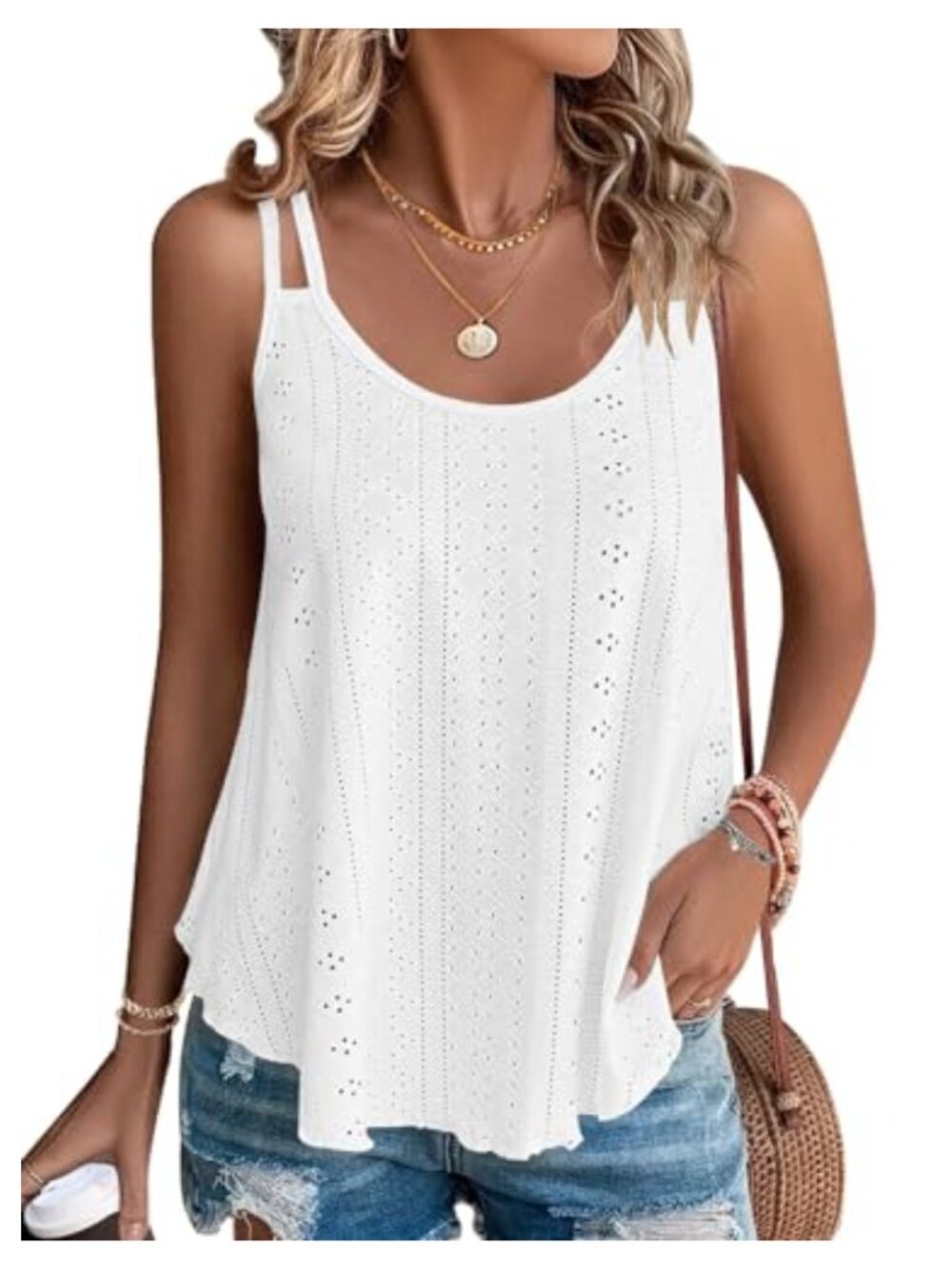 Womens Summer Eyelet Tank Top Sleeveless Spaghetti Strap Cami Scoop Neck Flowy